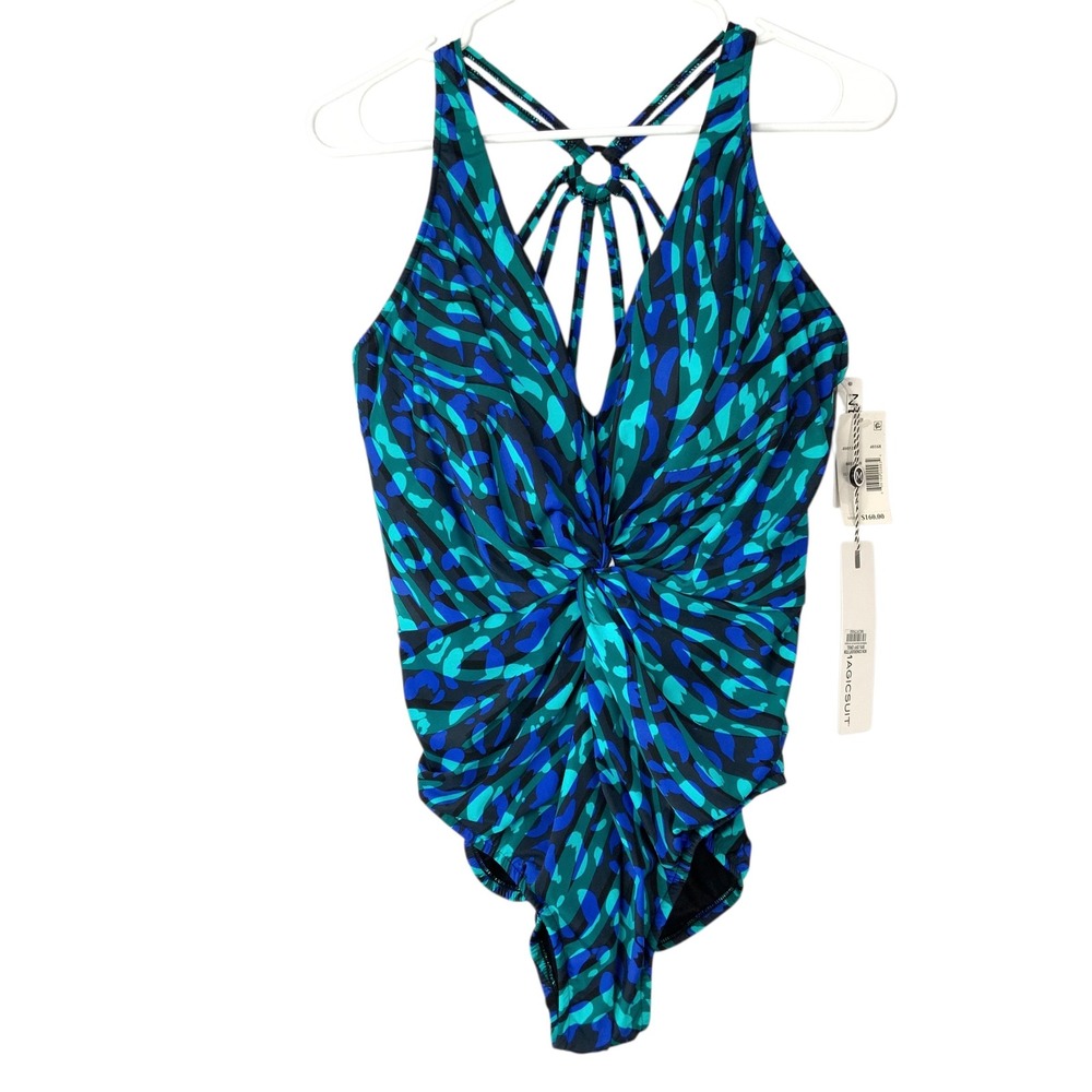 Magicsuit Blue Multi Abstract One Piece Swimsuit 14 Pull On V-Neck Twist NWT